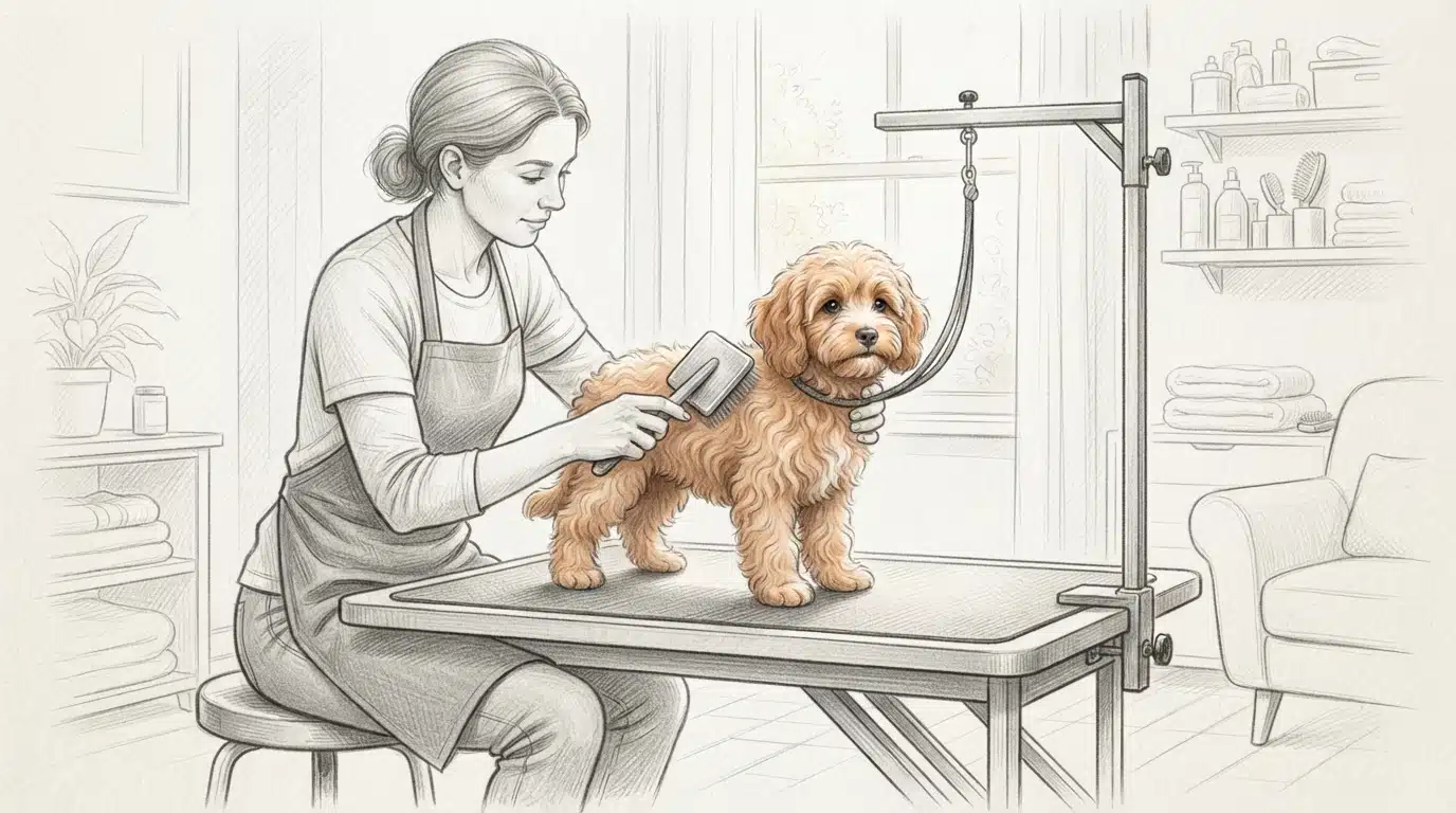 Groomer brushing a wavy-coated Cavapoo puppy