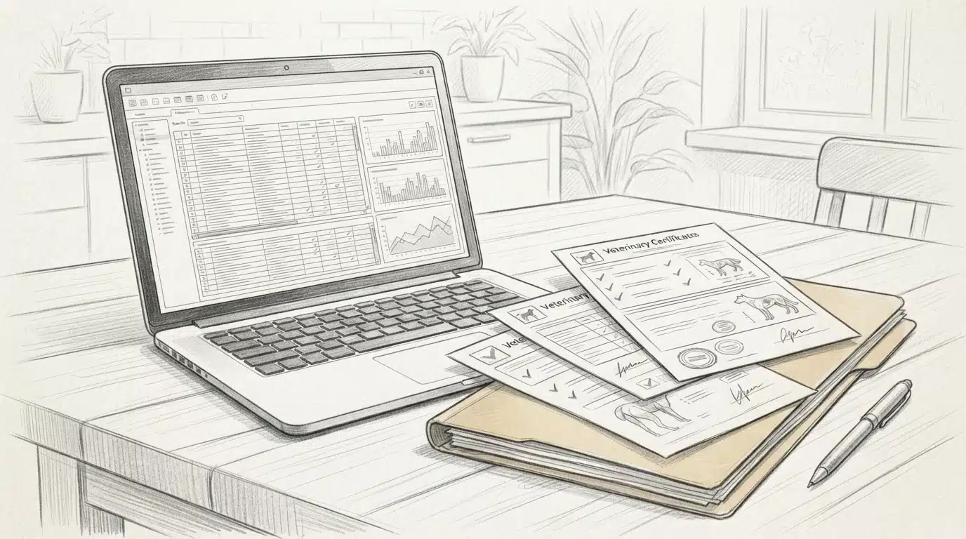 Laptop displaying health database beside printed vet certificates