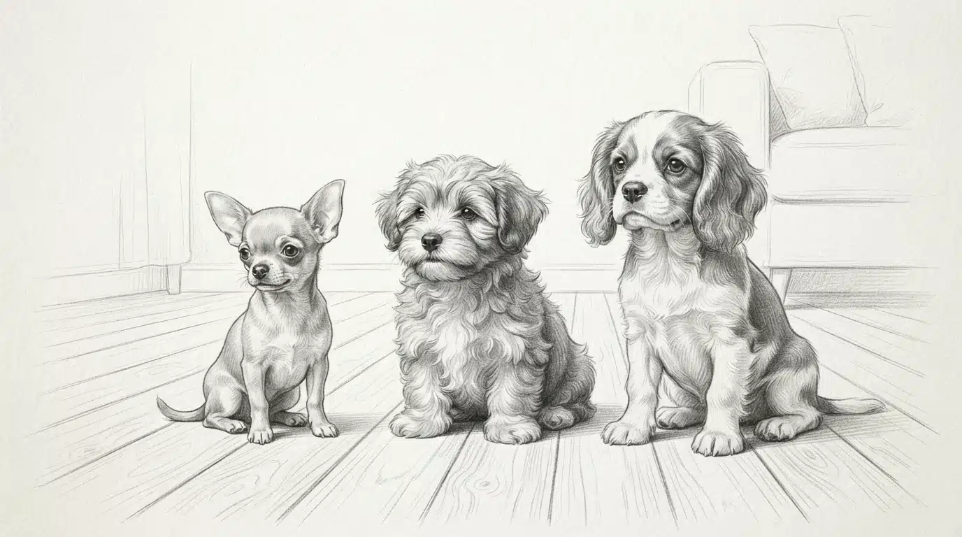Three puppies compared in pencil sketch