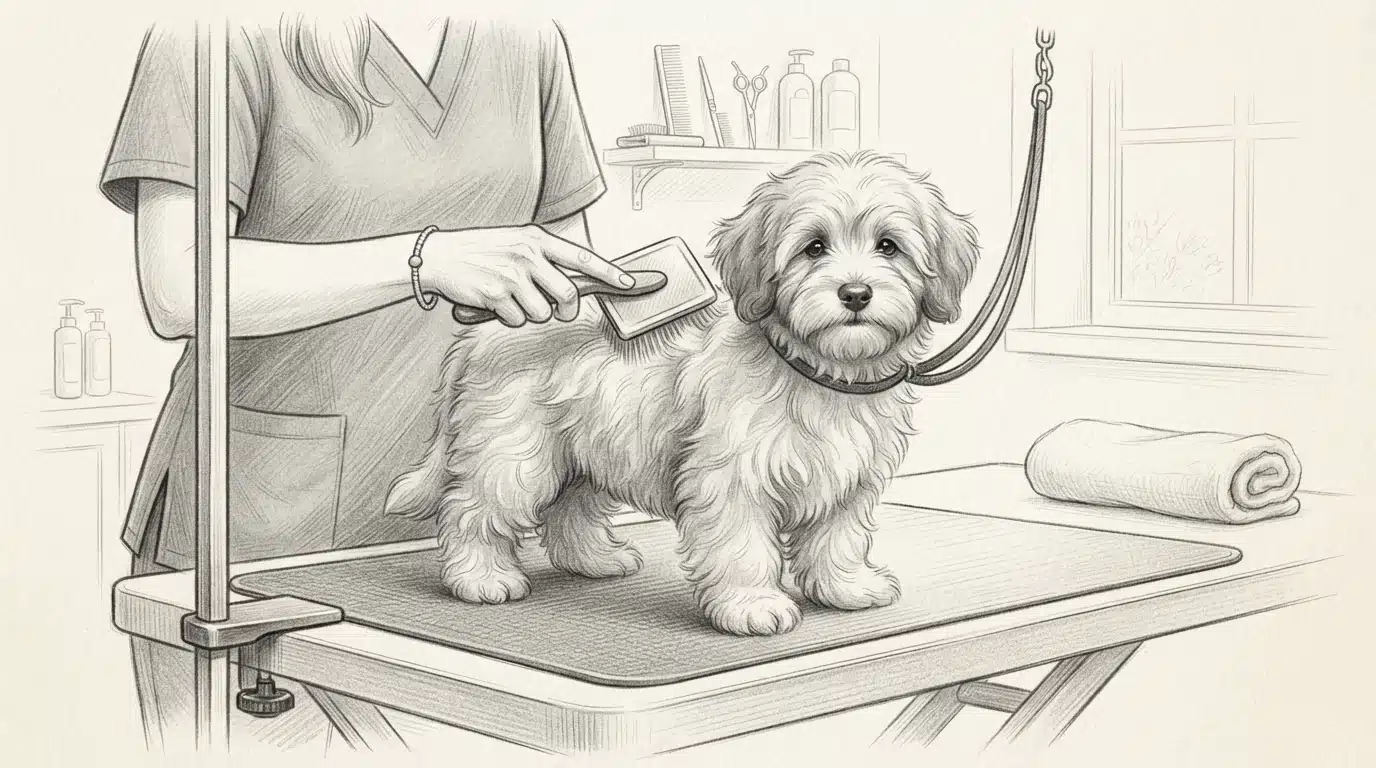Brushing a fluffy Havanese puppy on a grooming table