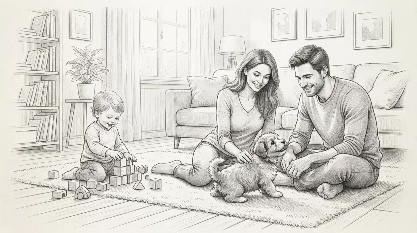 Family playing with Havanese puppy on living room floor