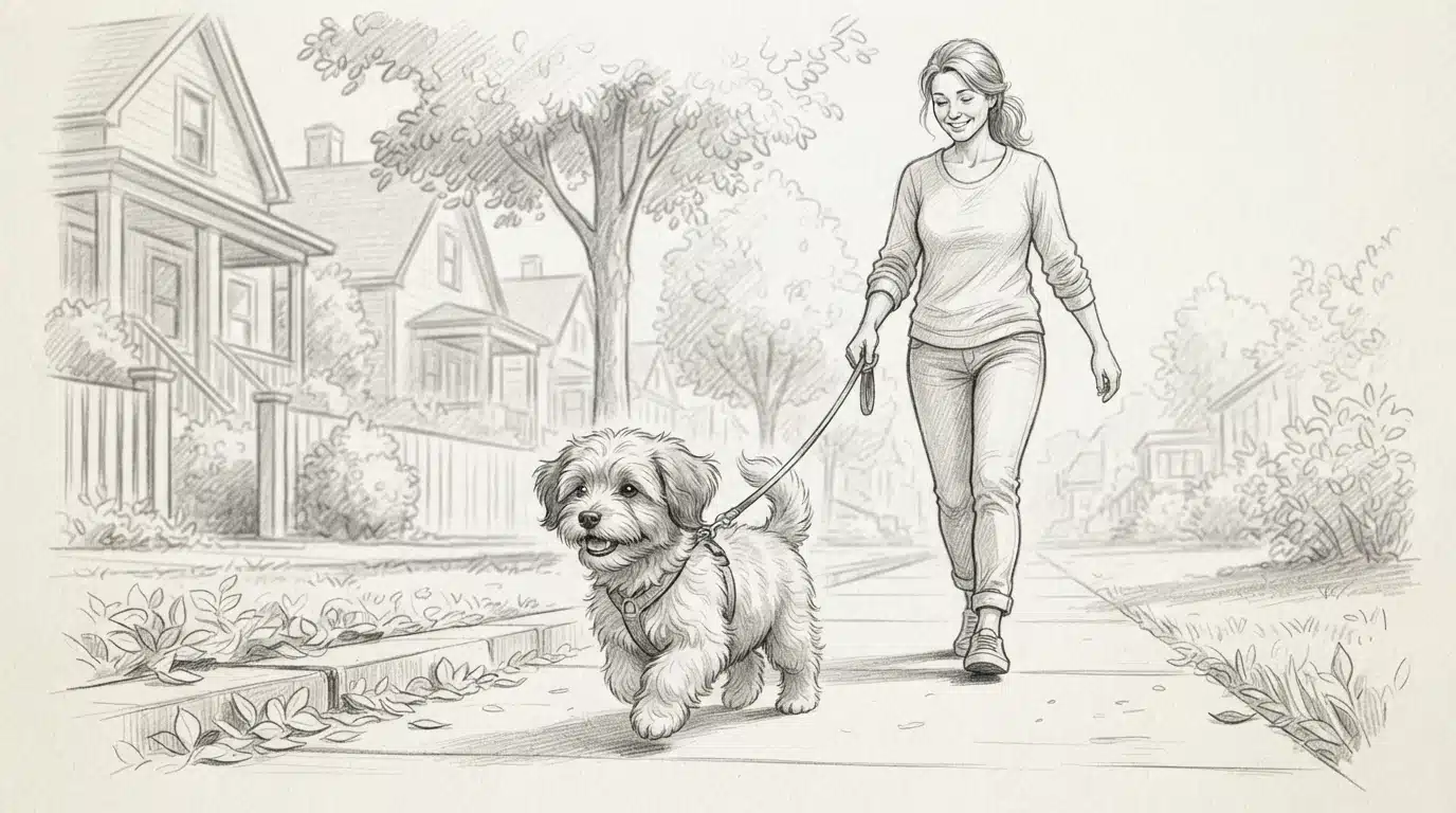 Havanese puppy trotting beside its owner outdoors