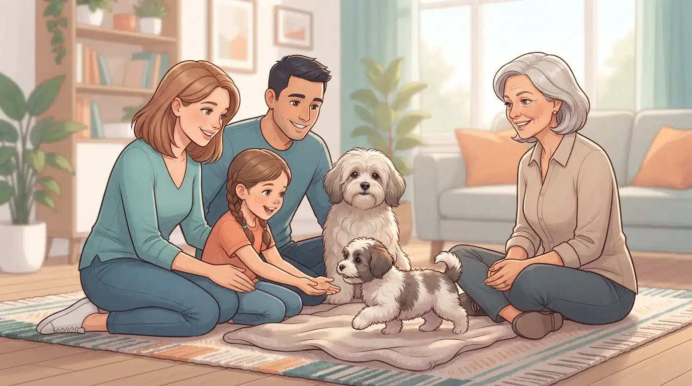 Family meeting a fluffy Havanese puppy and its mother