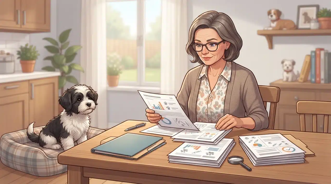 Breeder reviews puppy health records at kitchen table