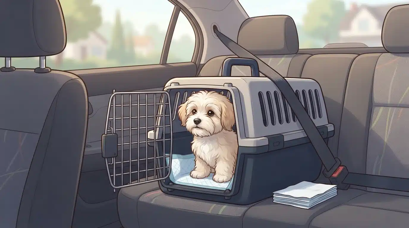 Havanese puppy in secured carrier