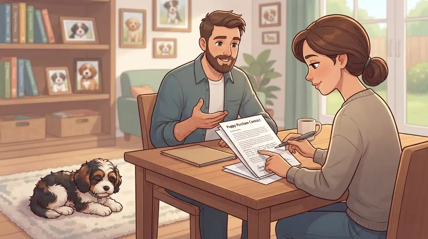 Buyer reviewing a printed puppy contract