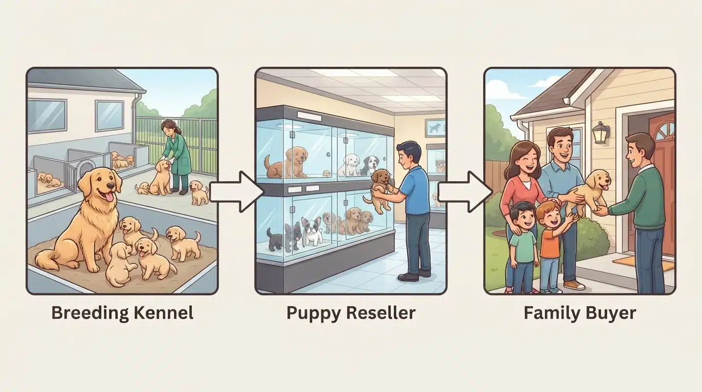 Three-step cartoon puppy supply chain
