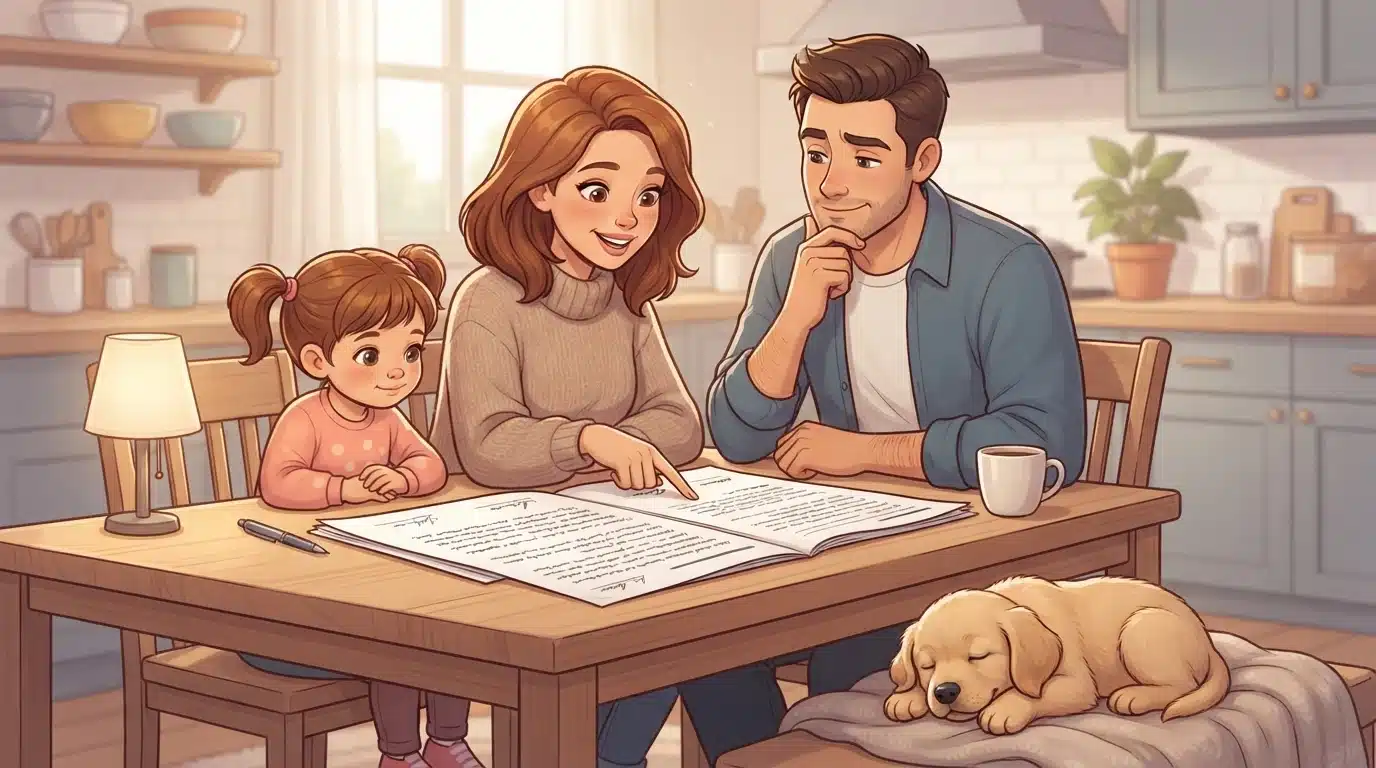 Family reviews puppy purchase contract together