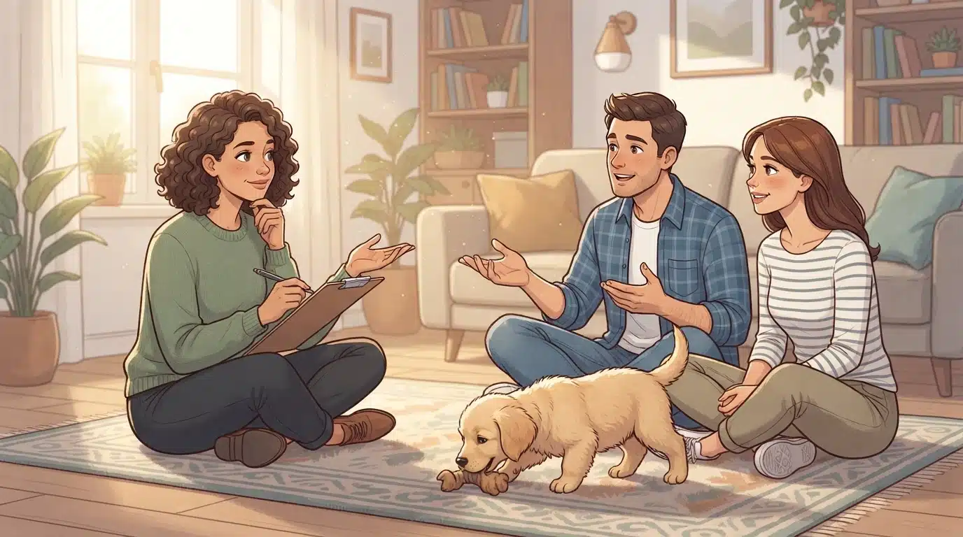 Breeder carefully screening a young family indoors
