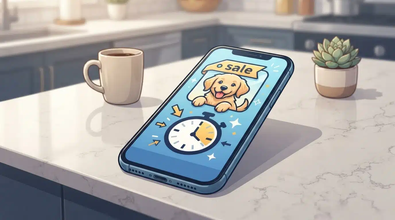 Puppy flash sale on smartphone counter