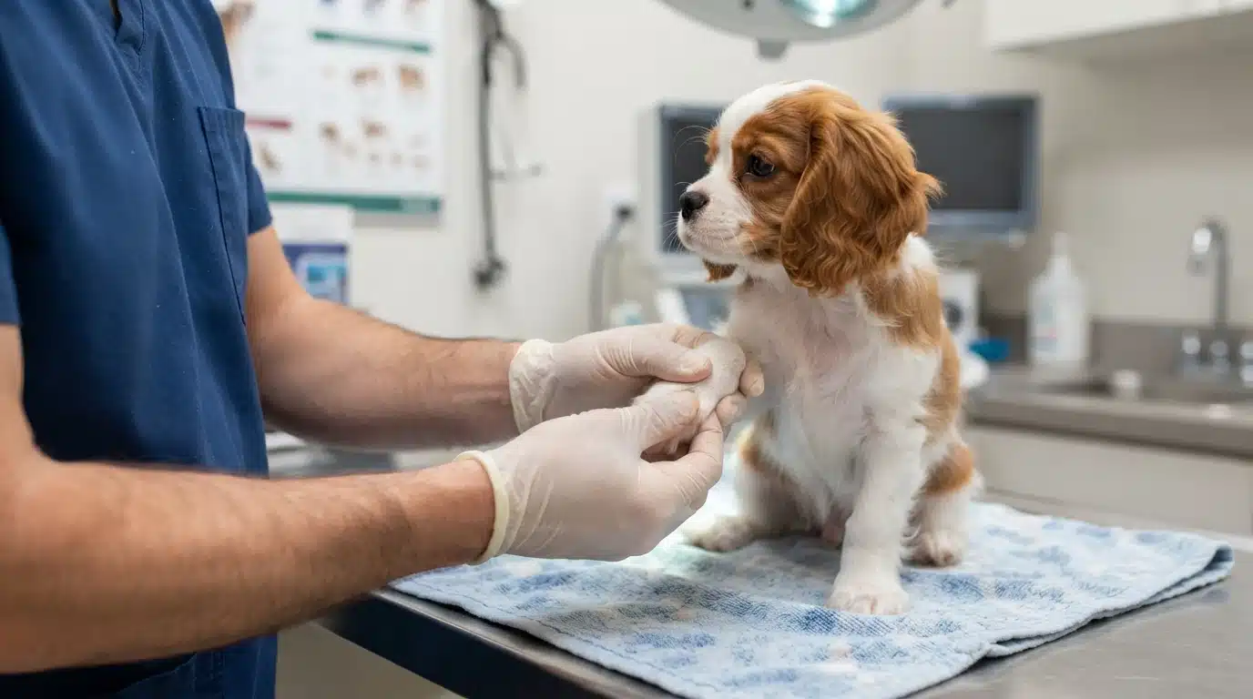 Veterinarian examining a small puppy's knees