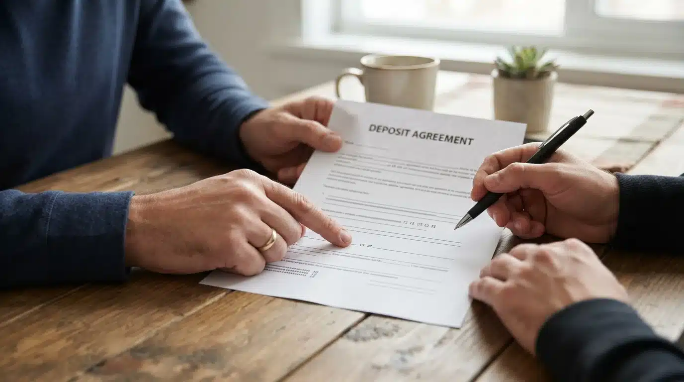 Hands reviewing a puppy deposit agreement