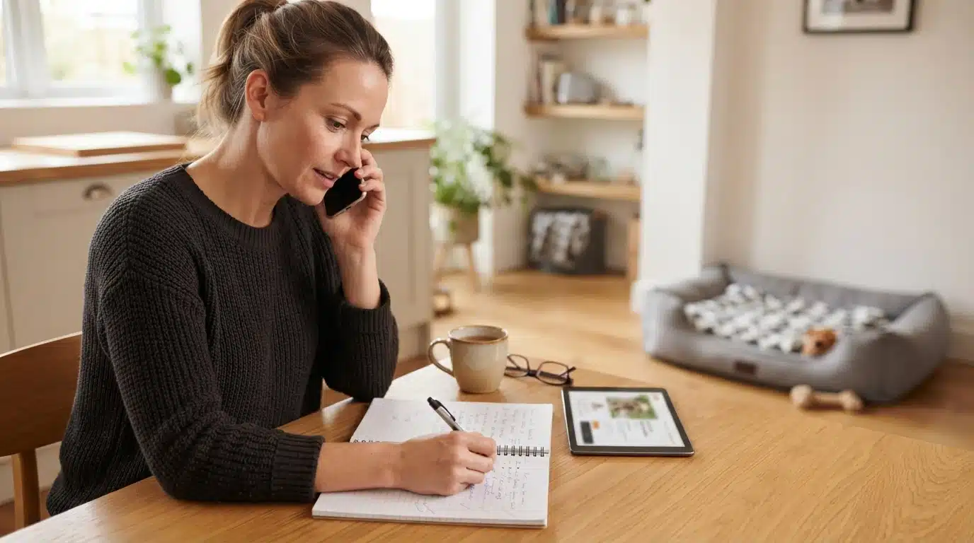 Person on phone reviewing breeder notes at table