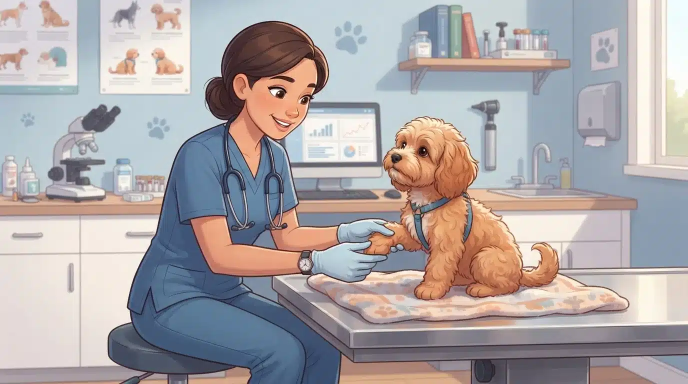 Veterinarian examining a puppy’s knees