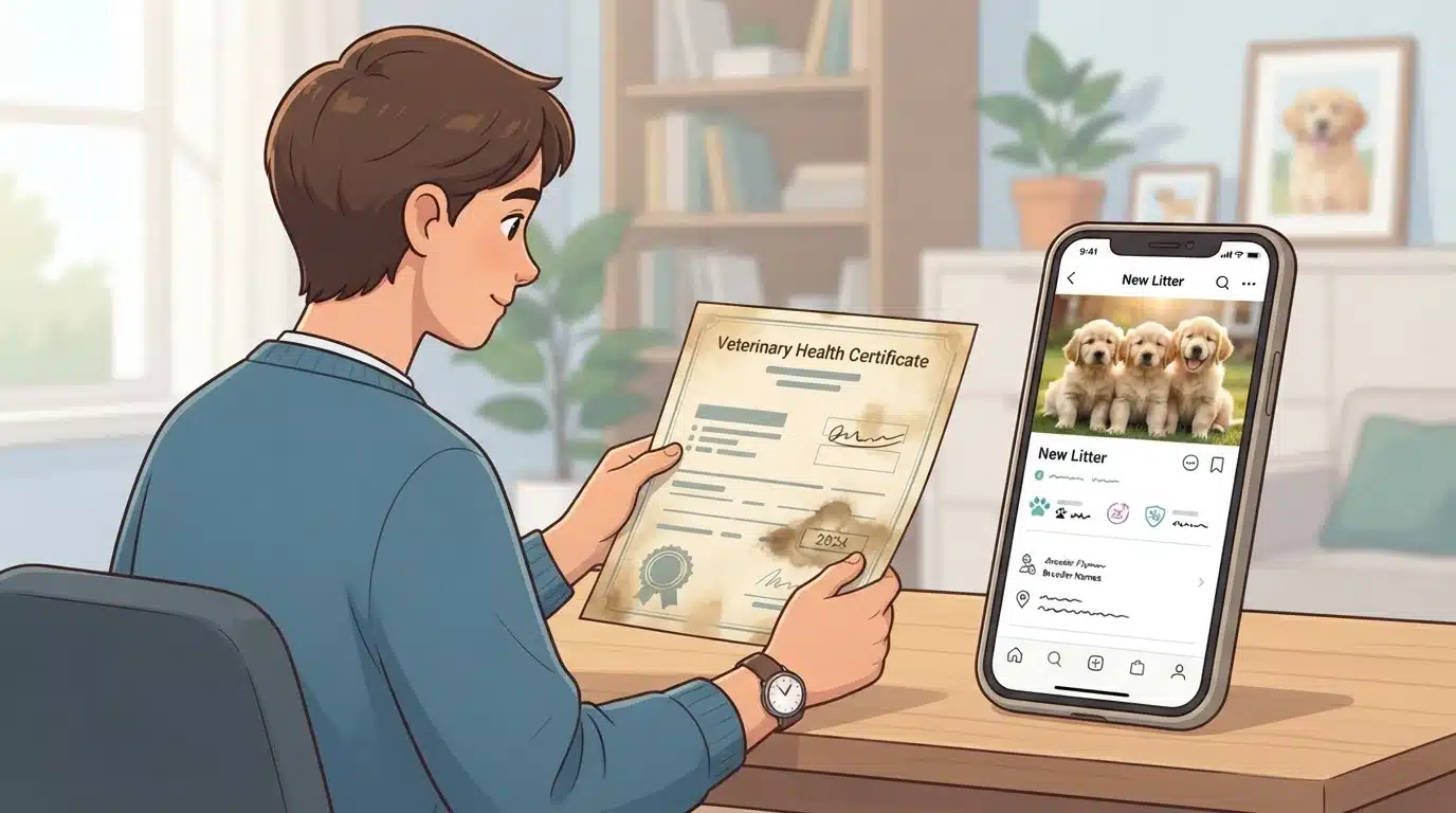Buyer compares faded certificate to puppy listing on phone