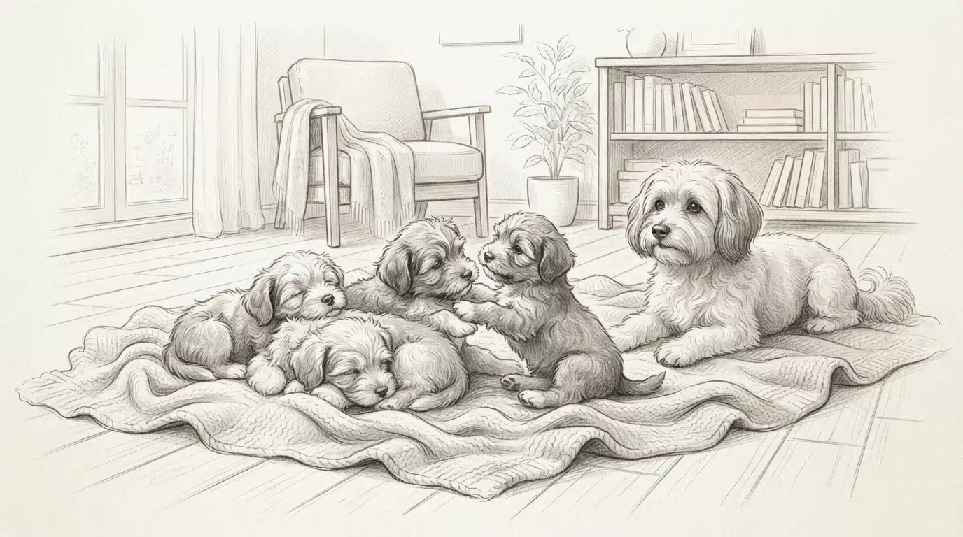 Havanese puppies playing beside a calm adult dog