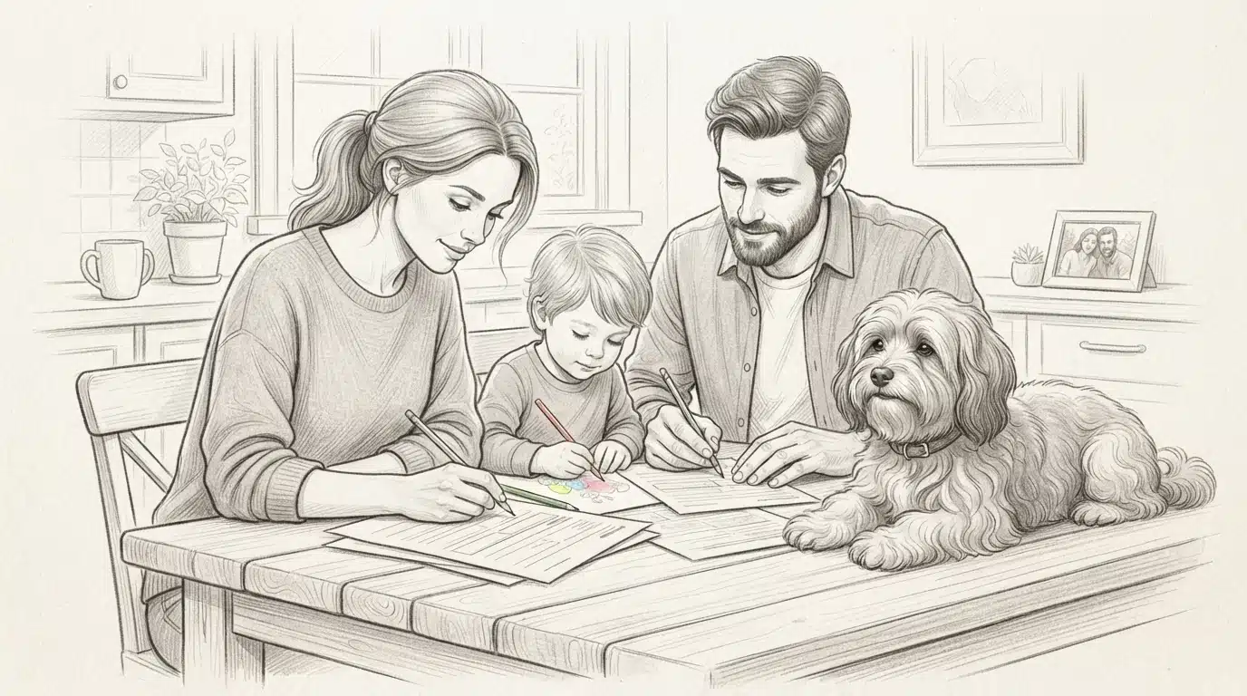 Family completing puppy application beside Havanese