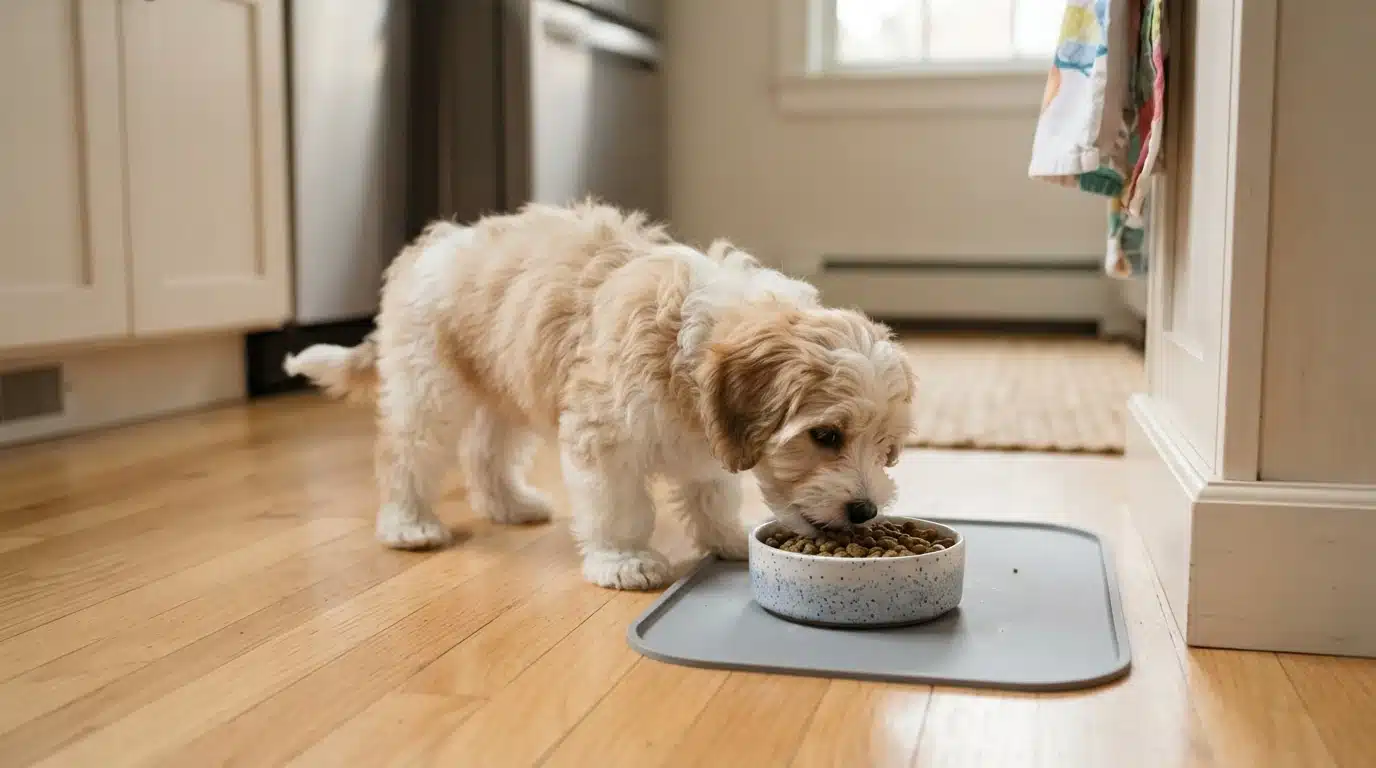Havanese puppy eating from a shallow bowl