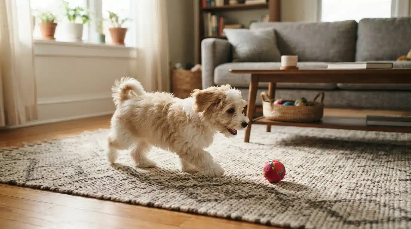 Havanese puppy playing fetch indoors