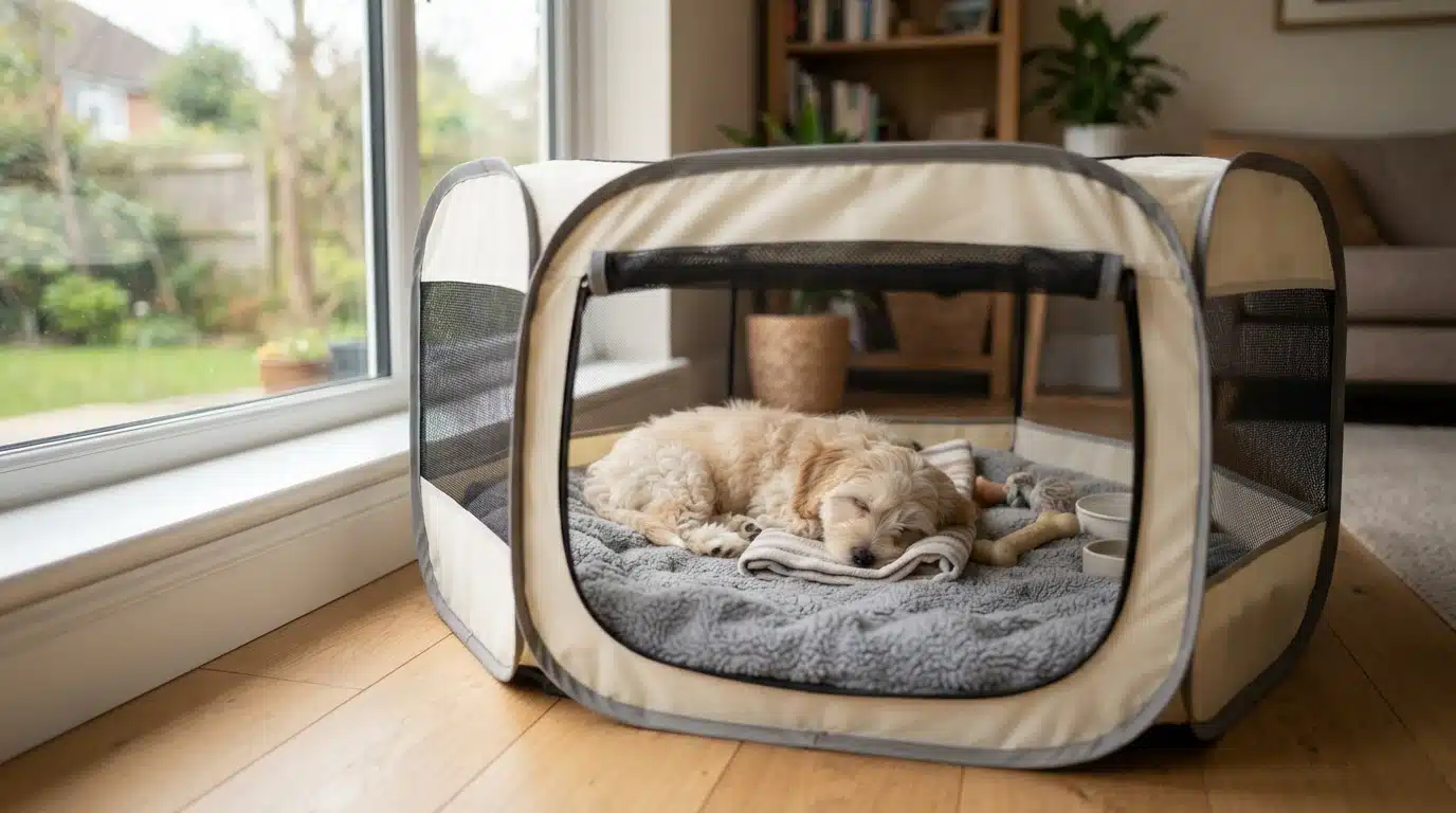 Havanese puppy resting calmly in a playpen beside a sunlit window