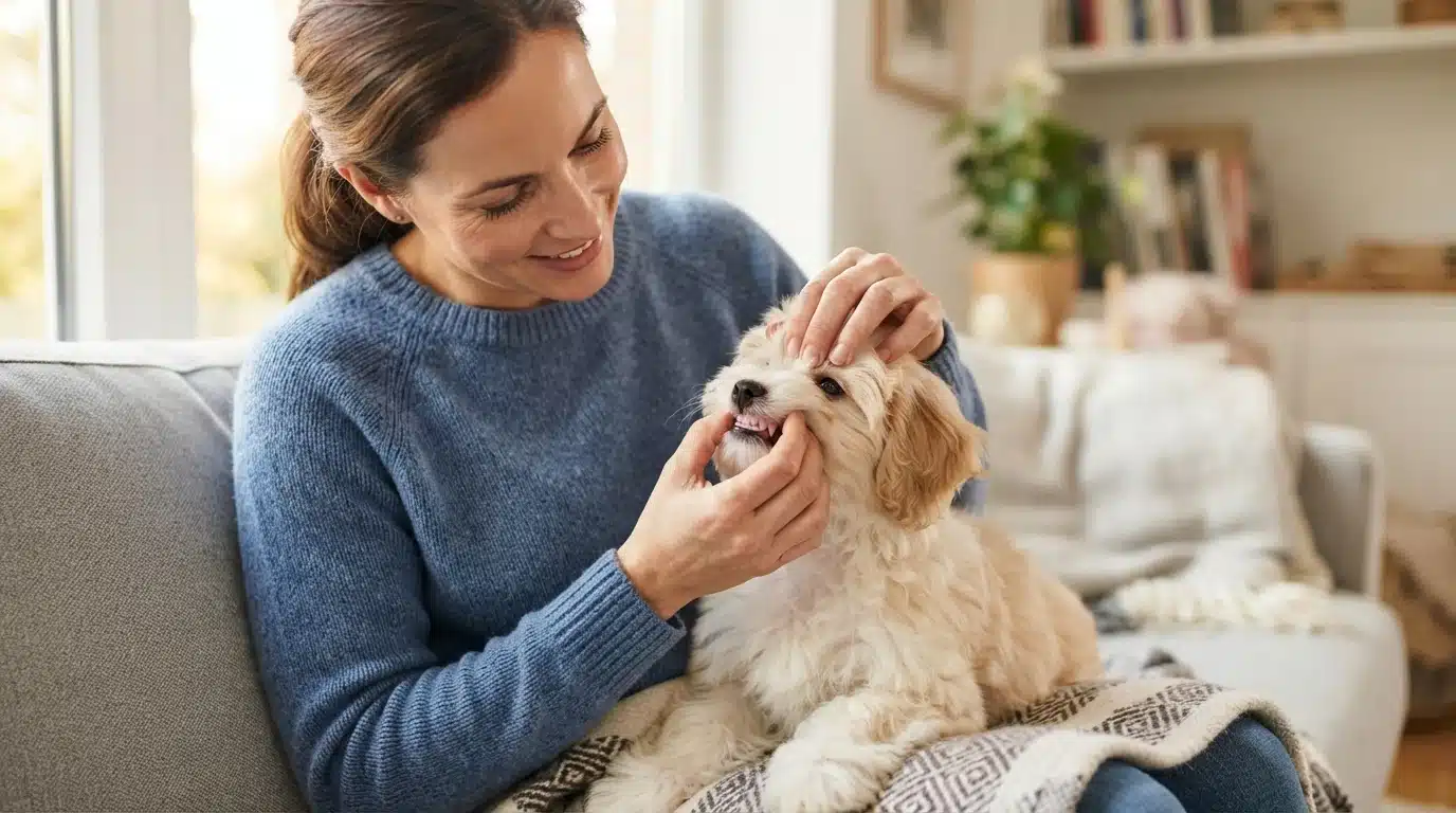 Owner gently checking a Havanese puppy’s eyes and teeth