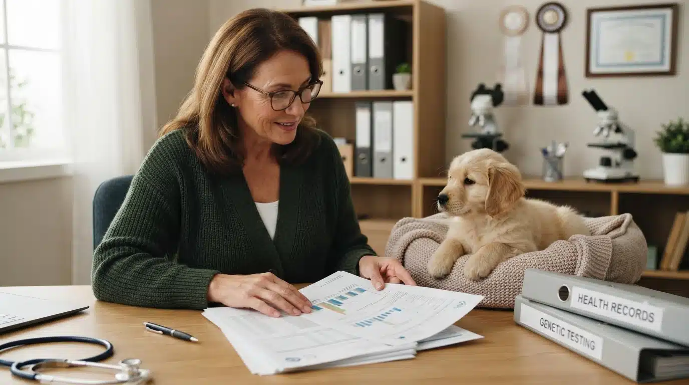 Breeder reviewing puppy health and DNA records