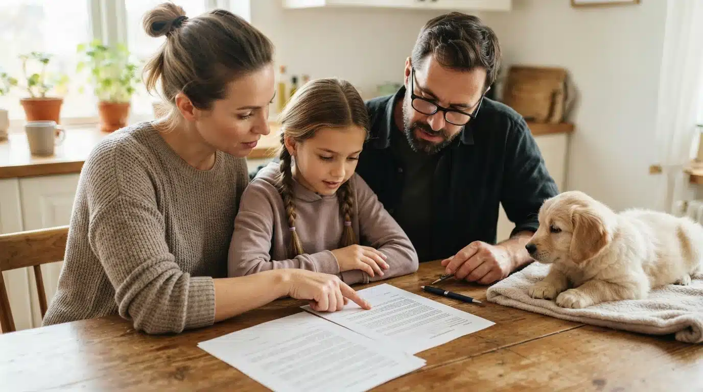 Family reviews puppy contract at kitchen table