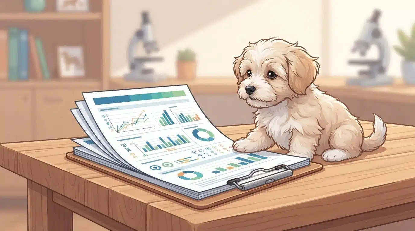 Canine DNA report beside a Havanese puppy