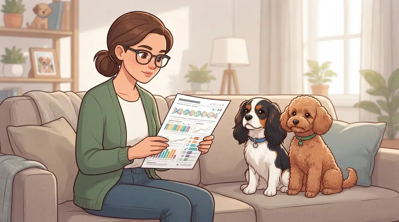 Breeder reviews DNA reports beside two dogs