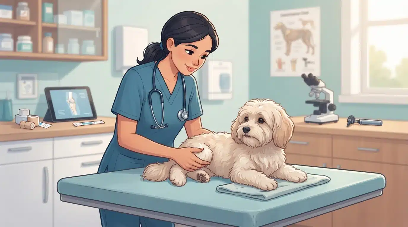 Vet examining a small dog's knees