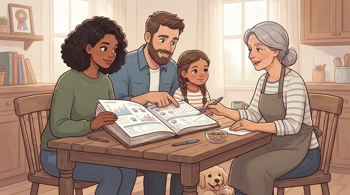 Family reviews puppy health records with breeder