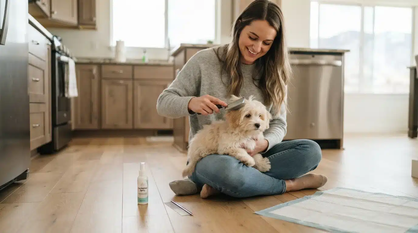 Woman brushing a Havanese puppy on kitchen floor