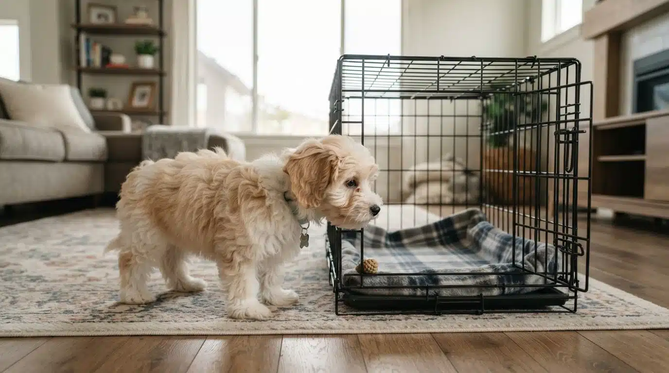 Havanese puppy sniffing an open crate