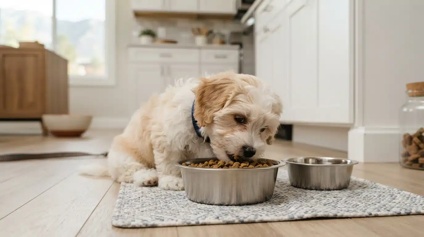 Havanese puppy eating from a stainless bowl on kitchen mat
