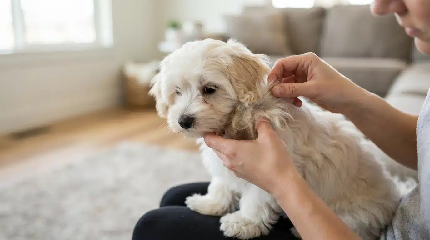 Hands carefully detangle a white Havanese puppy's matted fur