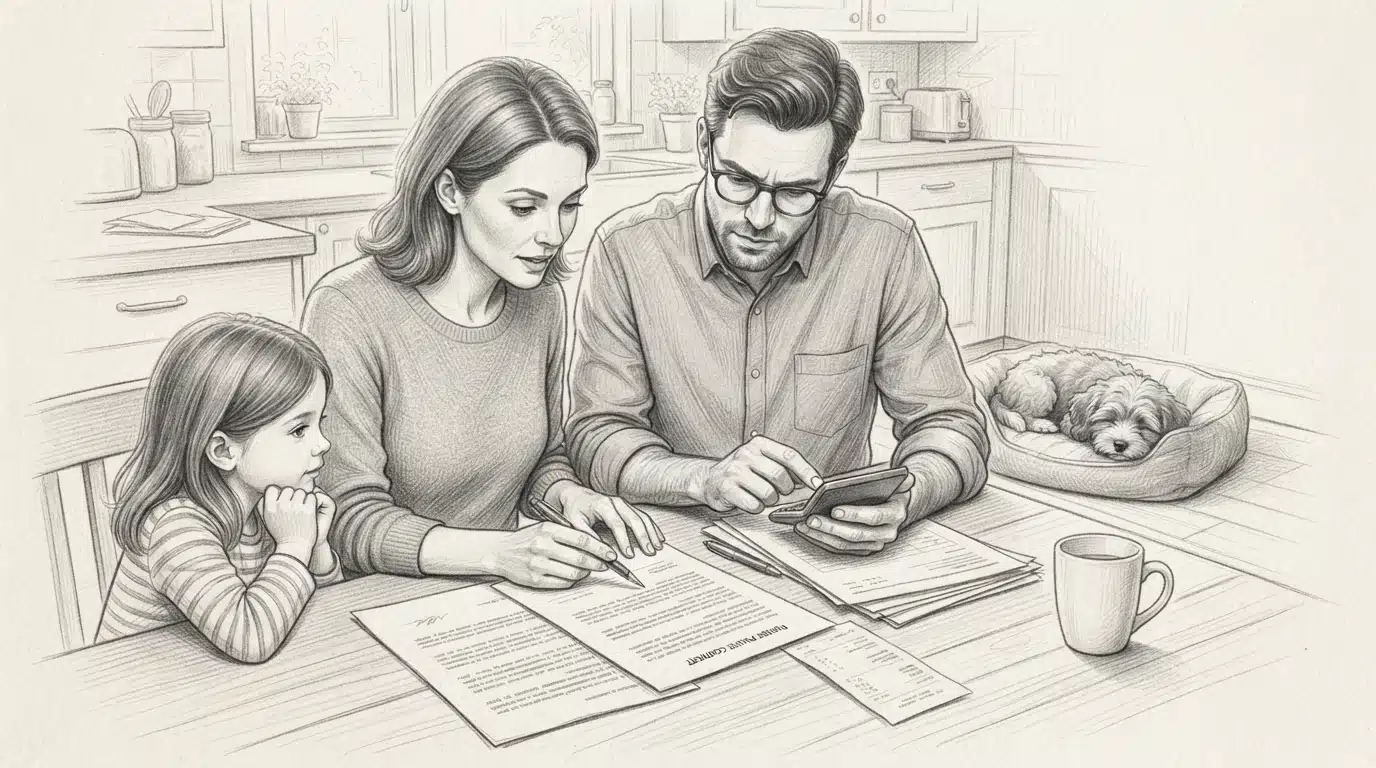 Family reviewing a puppy contract at a kitchen table