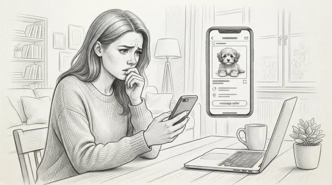 Concerned buyer reviewing a suspicious puppy listing