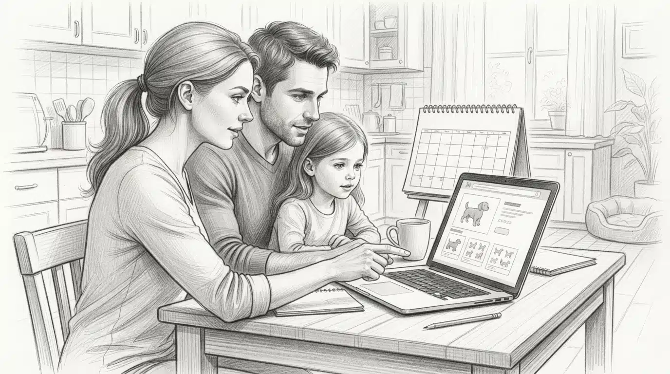 Family reviews puppy listings by laptop and calendar