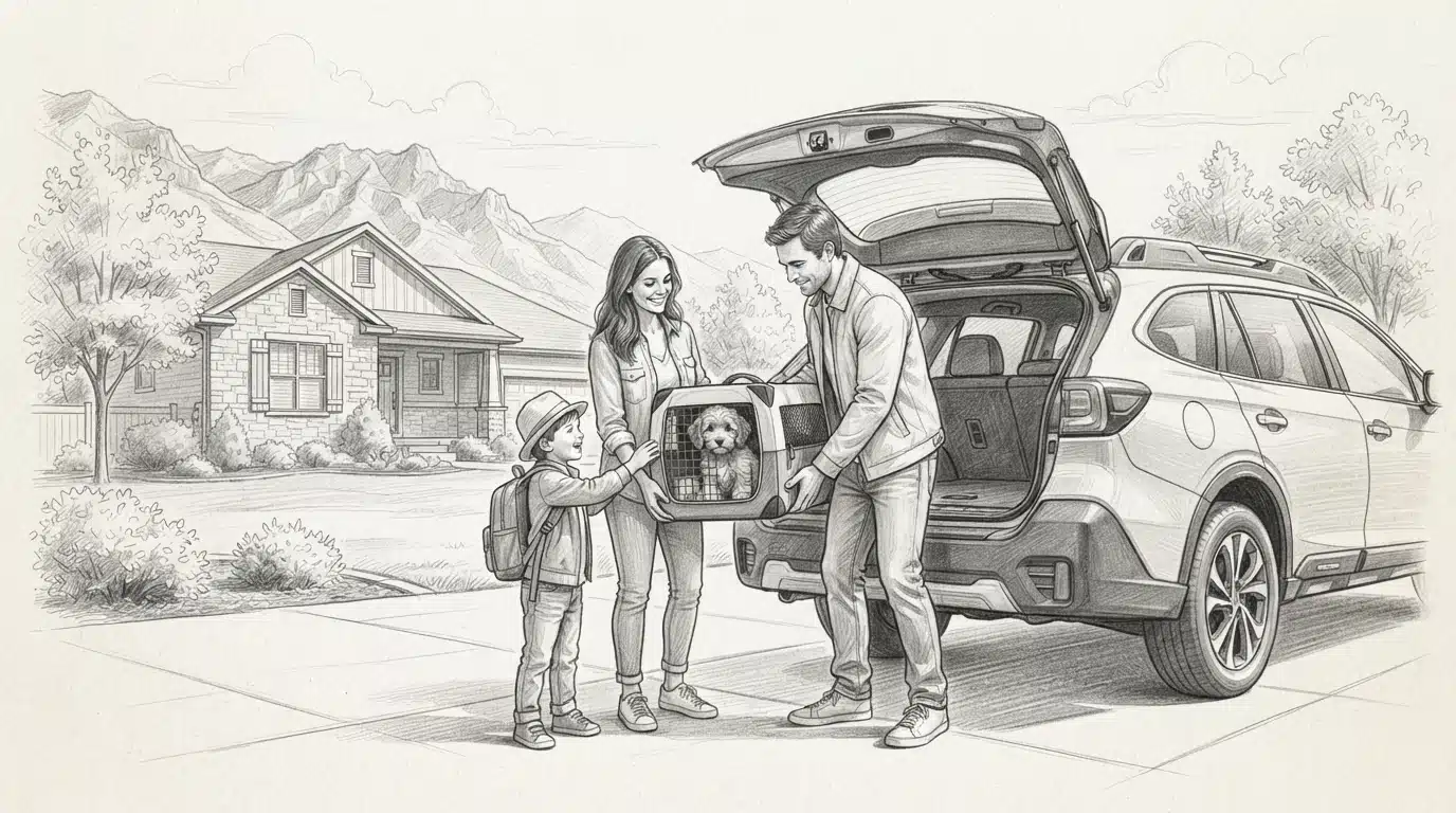 Family loading puppy crate into SUV