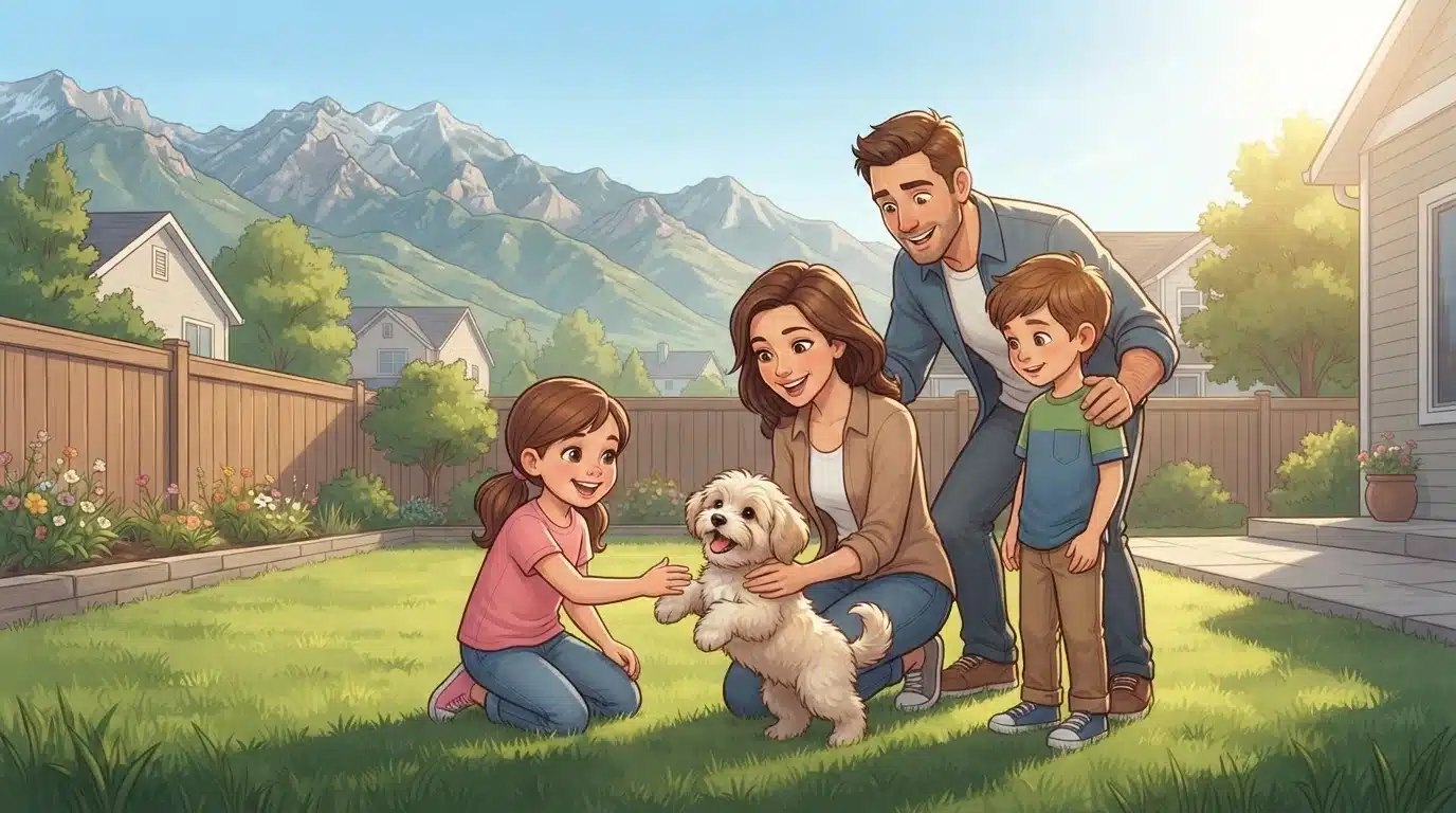 Family greeting a fluffy Havanese puppy in a backyard