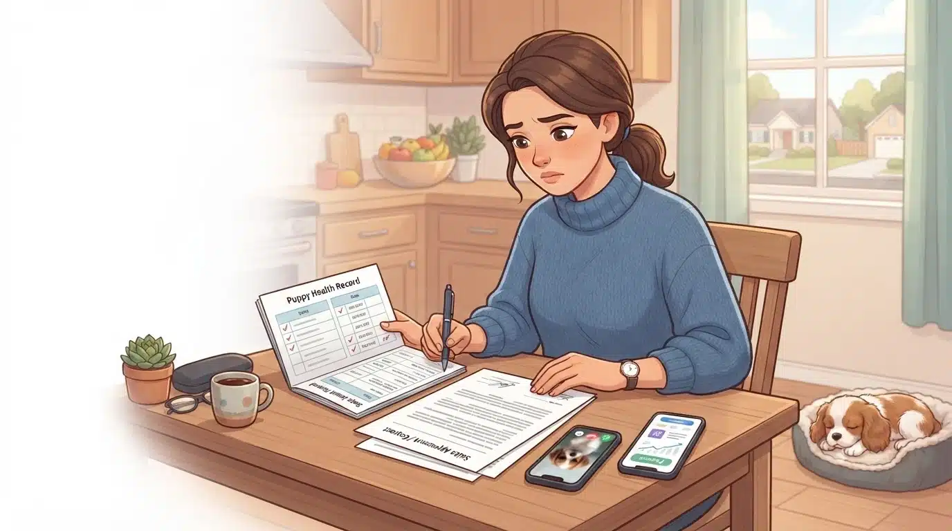 Woman reviewing puppy health papers