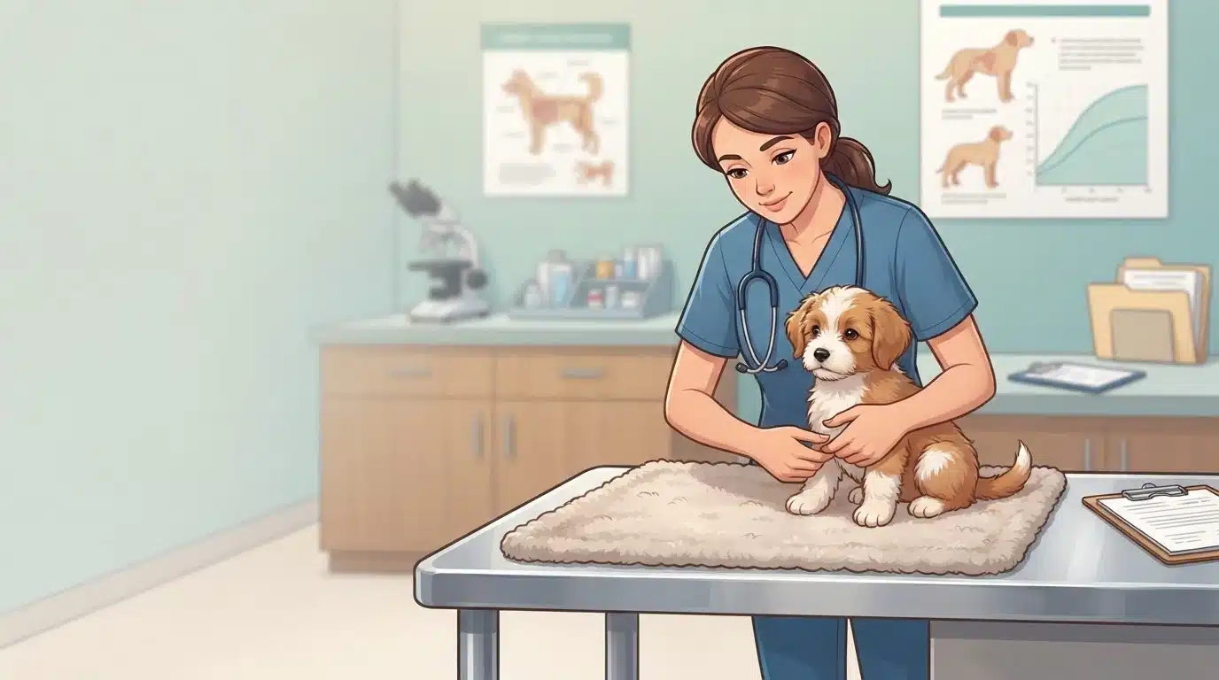 Vet examining a small fluffy puppy's knees