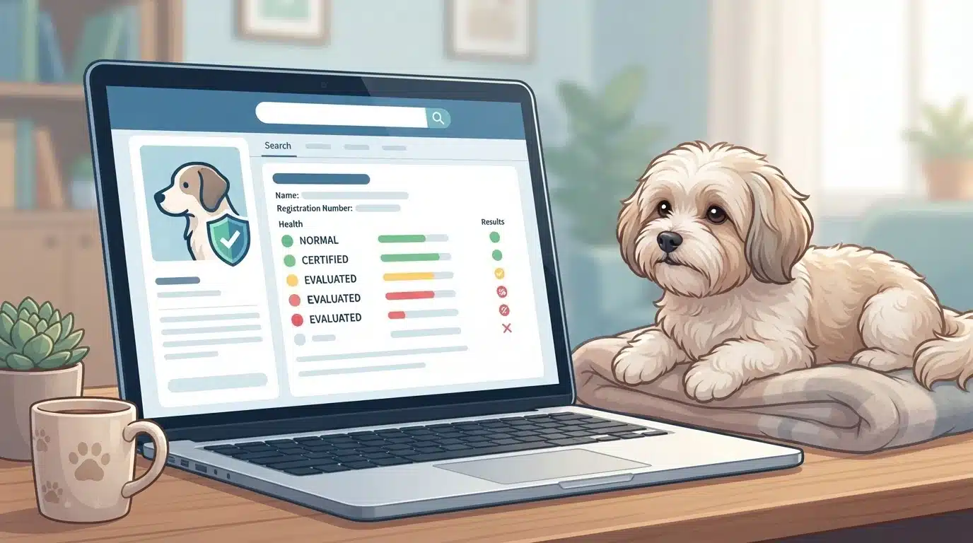 Laptop screen with a Havanese resting nearby