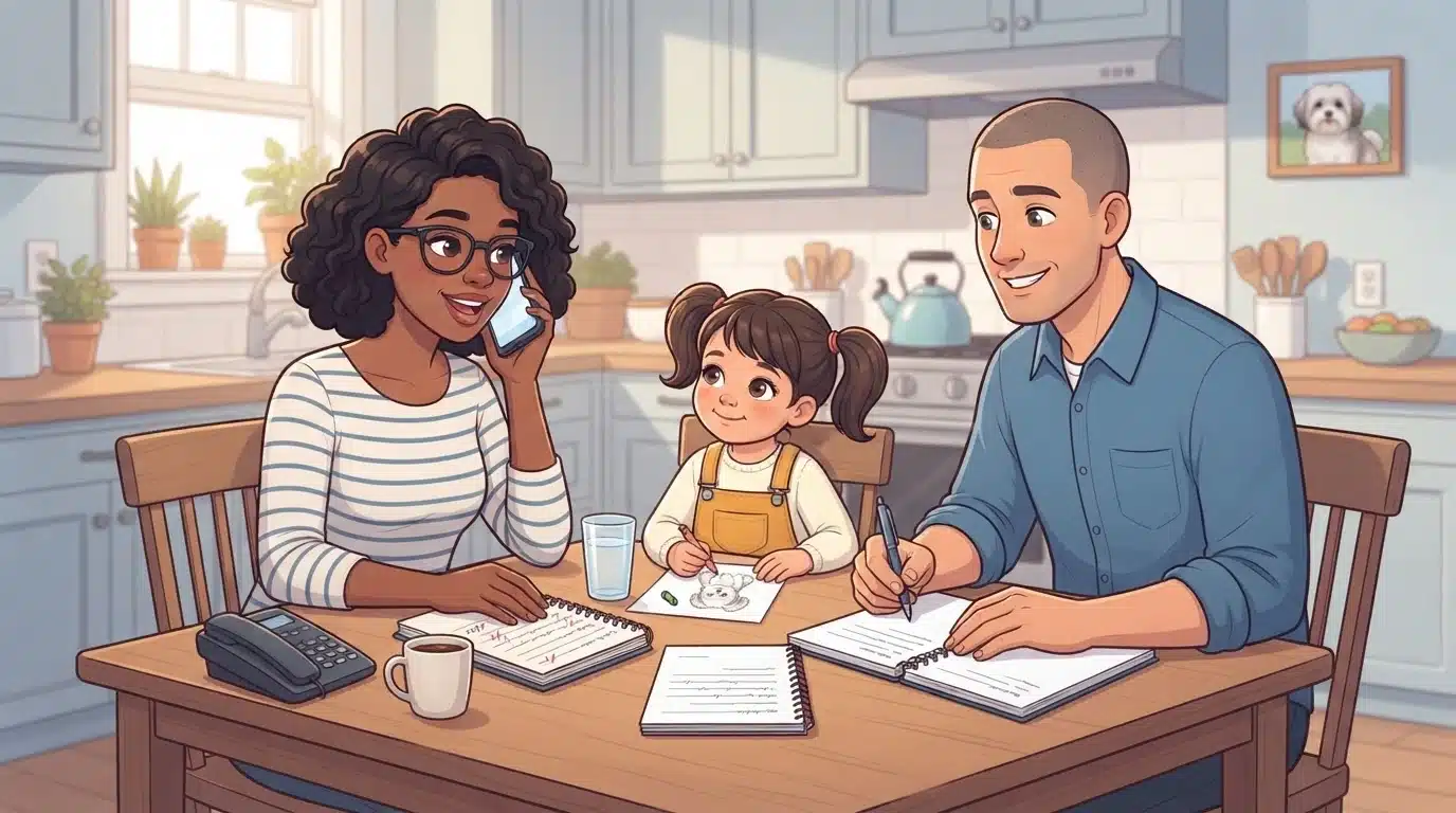 Family compares breeder notes at kitchen table