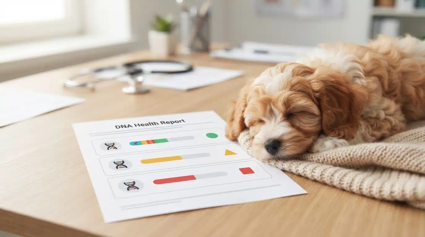 Puppy beside a printed DNA health report