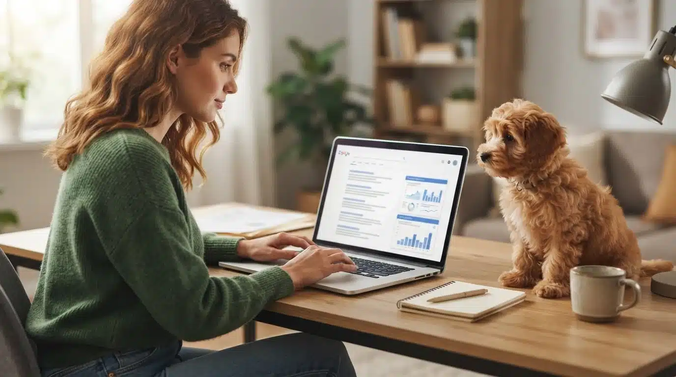 Person searches breeder database beside Havapoo puppy