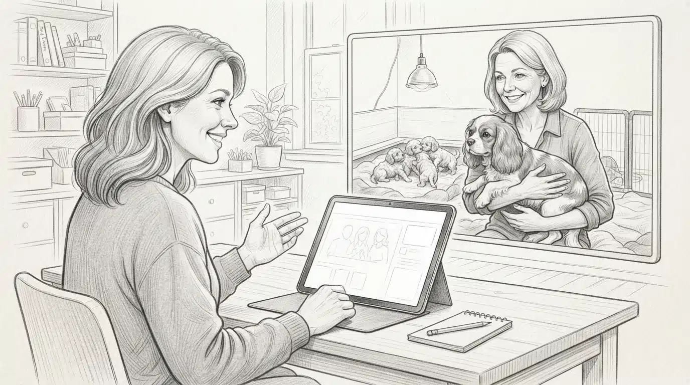 Woman on video call with a mother dog and her puppies