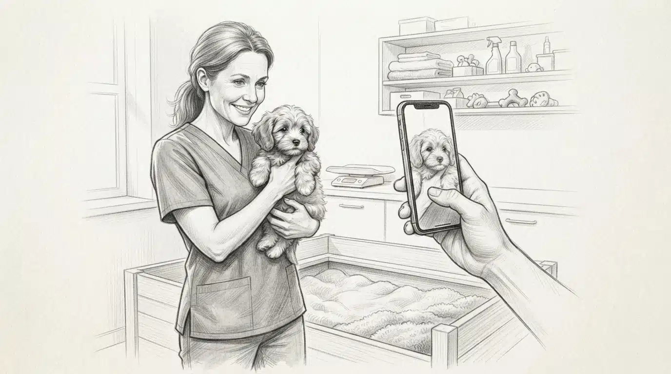 Breeder shows puppy during video walkthrough