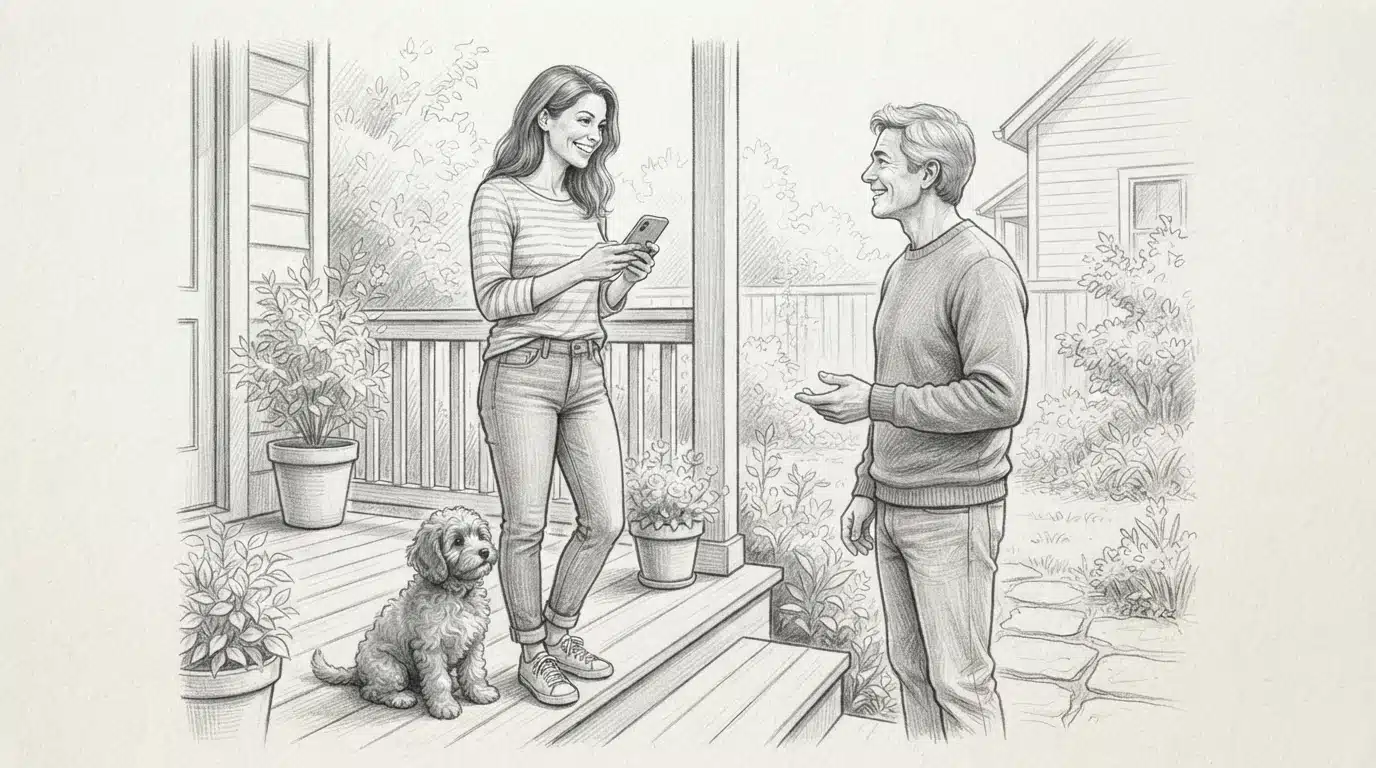 Family discusses their new Cavapoo puppy on a porch with a neighbor