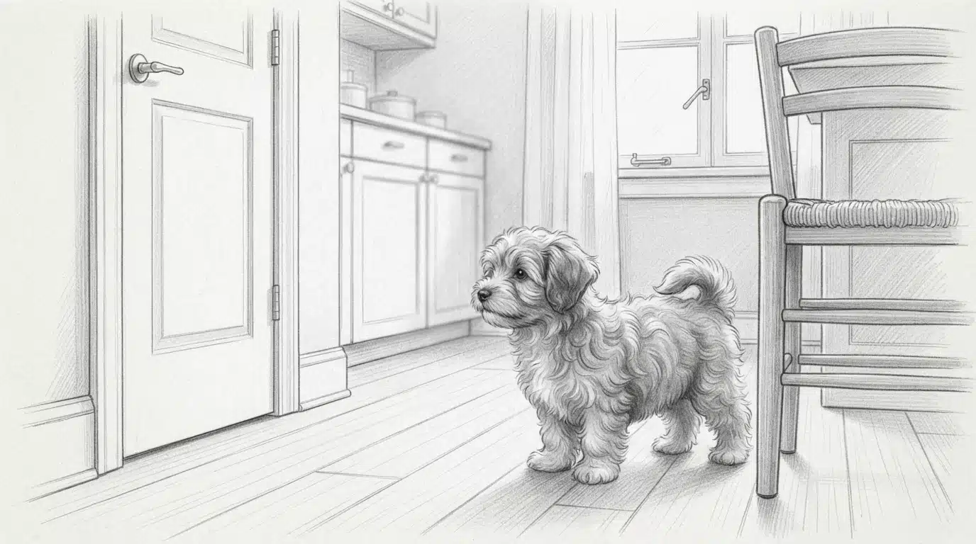 Havanese puppy near an open door